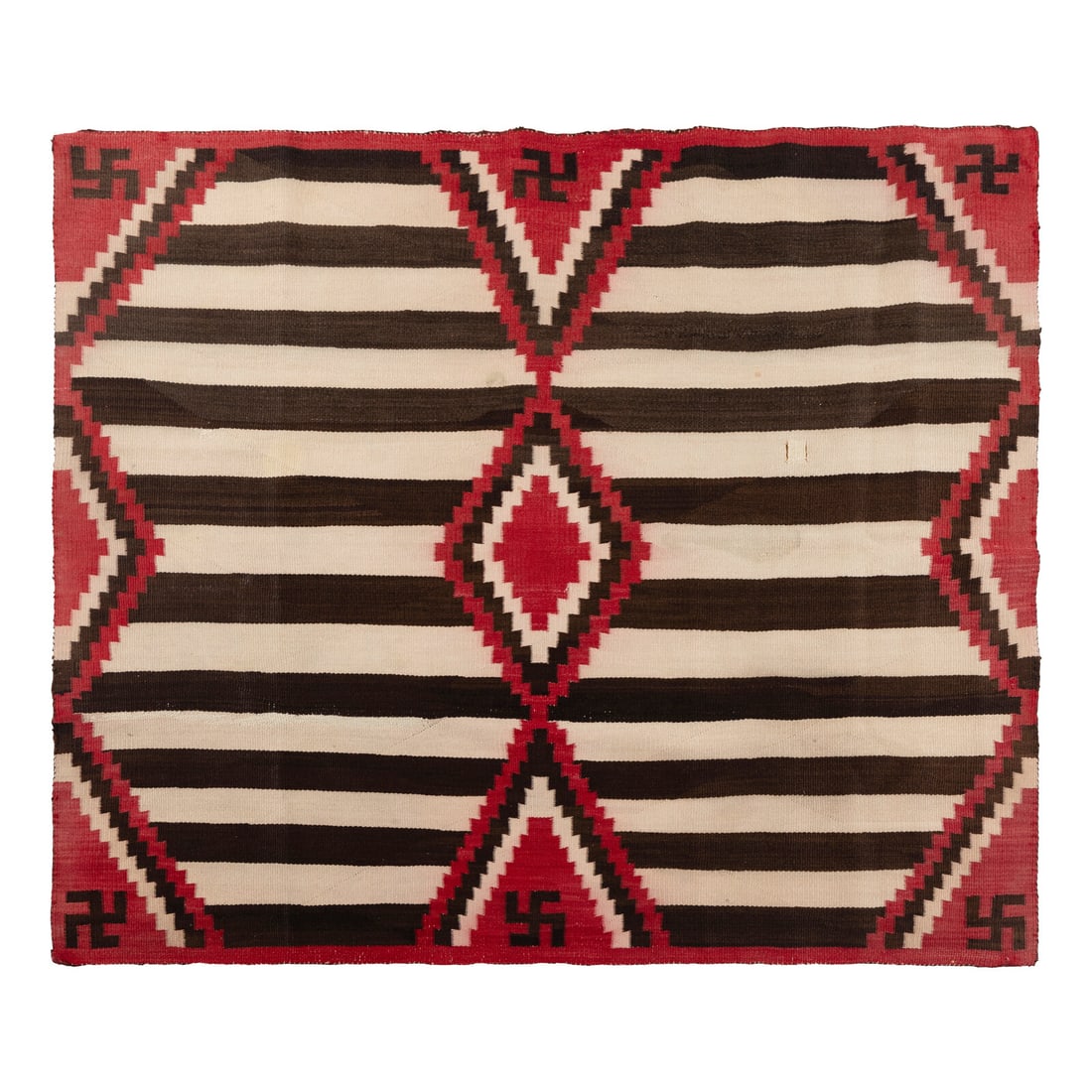 Navajo Third Phase Blanket [Rug]: Navajo Third Phase Blanket [Rug] first quarter 20th century handspun wool, woven with colors of red, cream, and dark brown; whirling logs within anchor points 52 x 58-1/2 inches Property of the