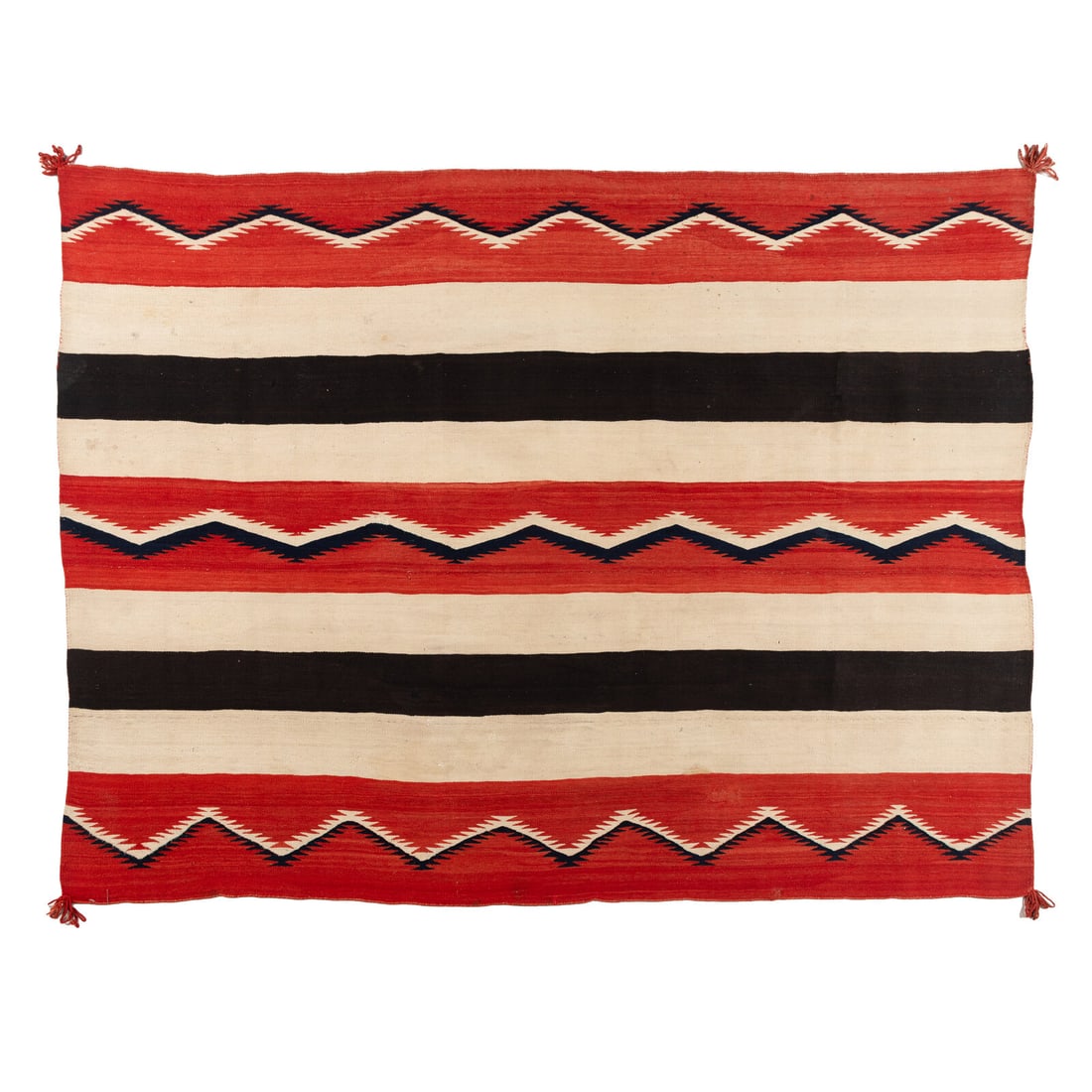 Navajo Banded Wearing Blanket [Rug]: Navajo Banded Wearing Blanket [Rug] fourth quarter 19th century soft, handspun wool woven using colors of aniline red, indigo, cream, and dark brown 63-1/2 x 86 inches Property of the Gichigamiin Indi