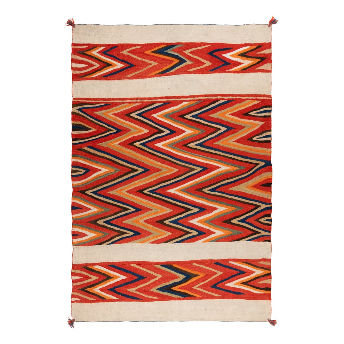 Navajo Transitional Wedge Weave Blanket [Rug]: Navajo Transitional Wedge Weave Blanket [Rug] fourth quarter 19th century soft, handspun wool woven with colors of red, orange, indigo, rabbitbrush green, and cream; zigzag design enhances the pulled