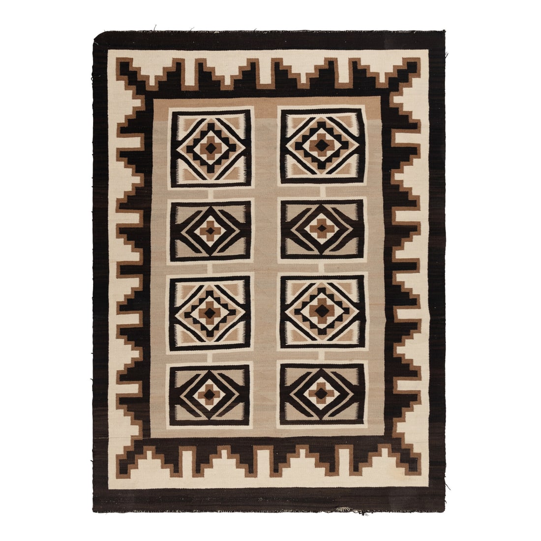 Navajo Eastern Reservation Weaving [Rug]: Navajo Eastern Reservation Weaving [Rug] early 20th century fine, flat weave with a boxed diamond design and crenelated border 62 x 46-1/2 inches Property of the Gichigamiin Indigenous Nations