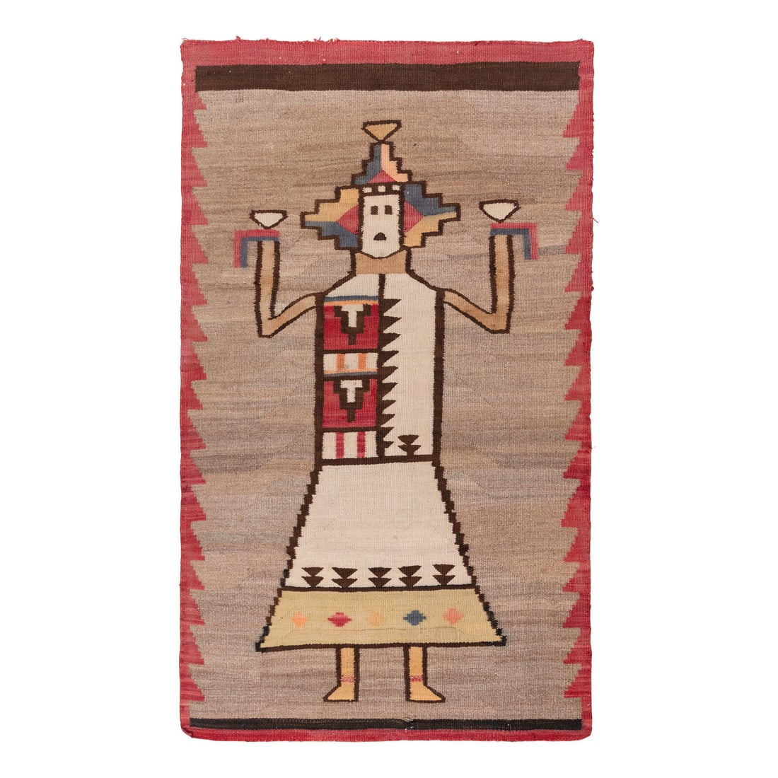 Navajo Pictorial Weaving, Butterfly Maiden [Rug]: Navajo Pictorial Weaving, Butterfly Maiden [Rug] early 20th century handspun wool woven with colors of red, yellow, blue, orange, pink, and gray; central figure of a Butterfly Maiden; framed by a simp