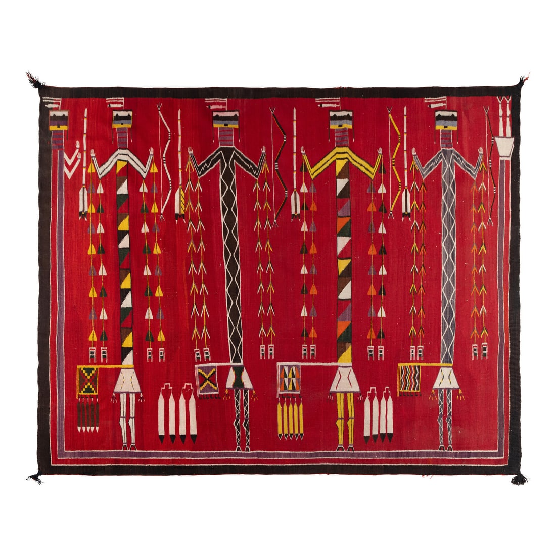 Navajo Yei Weaving [Rug]: Navajo Yei Weaving [Rug] early 20th century fine, flat weave woven of handspun wool in colors of dark brown, purple, red, green, yellow, orange, and cream; designed with four Yei and a Rainbow Guardia