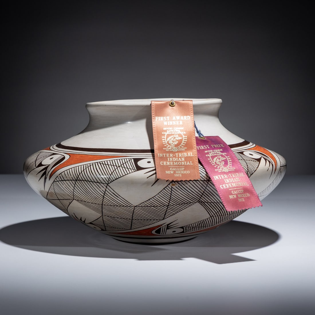 Helen Naha (Hopi, 1922-1993) Award Winning Pottery Bowl, 1972: Helen Naha (Hopi, 1922-1993) Award Winning Pottery Bowl, 1972 included are two first-place ribbons from the Inter-Tribal Indian Ceremonial, Gallup, New Mexico; hallmarked on base height 7-1/2 inches x