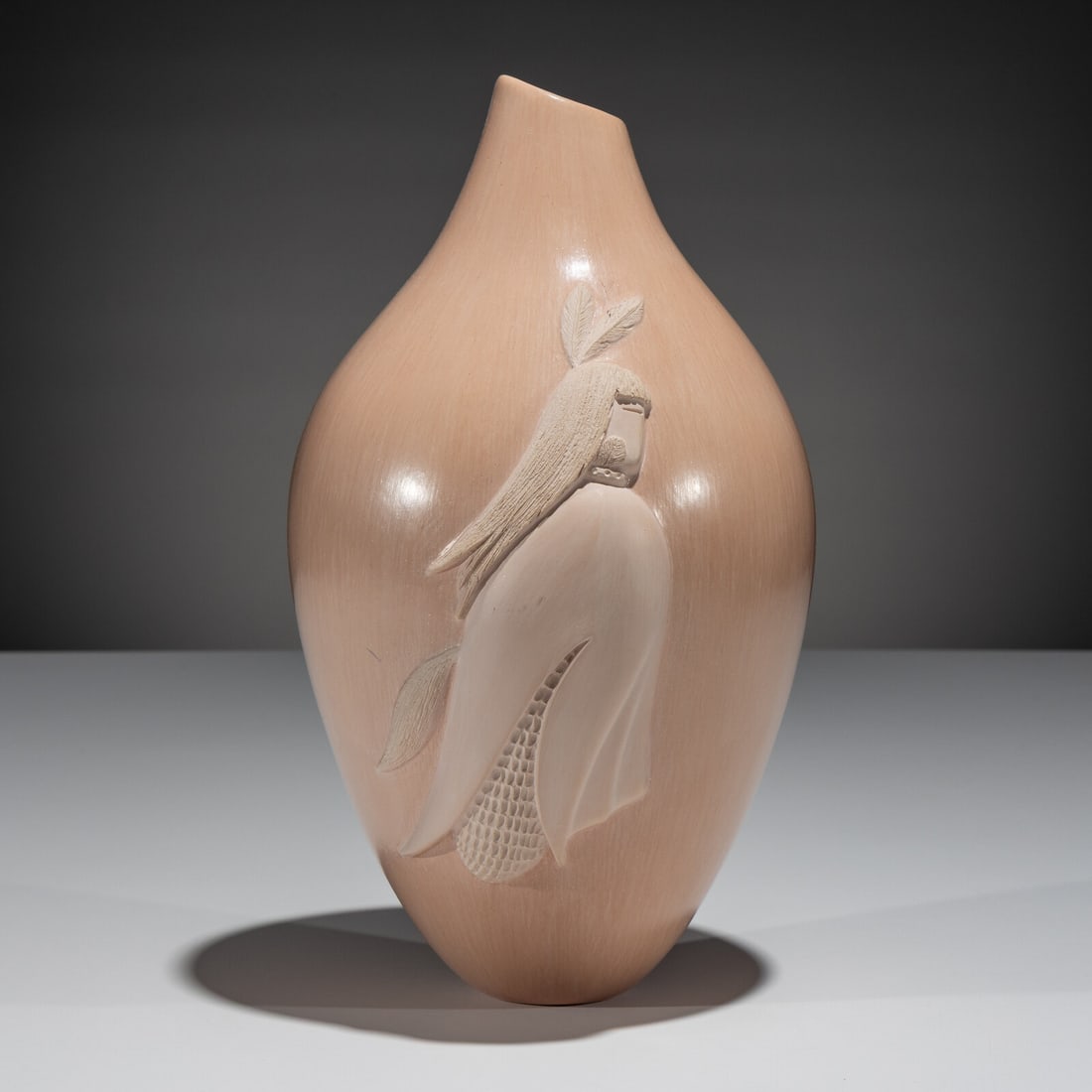 Al Qöyawayma (Hopi, b. 1938) Buffware Pottery Vase, Corn Maiden, 1985: Al Qöyawayma (Hopi, b. 1938) Buffware Pottery Vase, Corn Maiden, 1985 signed and dated on base height 10-1/4 inches x diameter 7 inches This lot is located in Chicago.