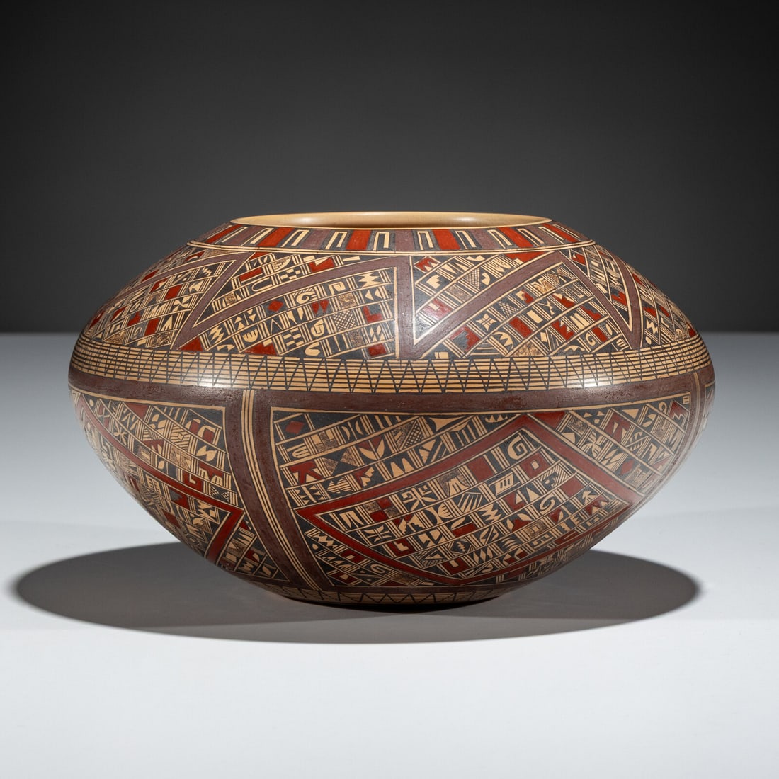 Rondina Huma (Hopi, b. 1947) Polychrome Pottery Bowl, Shard Design: Rondina Huma (Hopi, b. 1947) Polychrome Pottery Bowl, Shard Design signed on base RONDINA HUMA TEWA-HOPI POLACCA, ARIZ. height 4-1/2 inches x diameter 7-1/2 inches Property from the Collection of