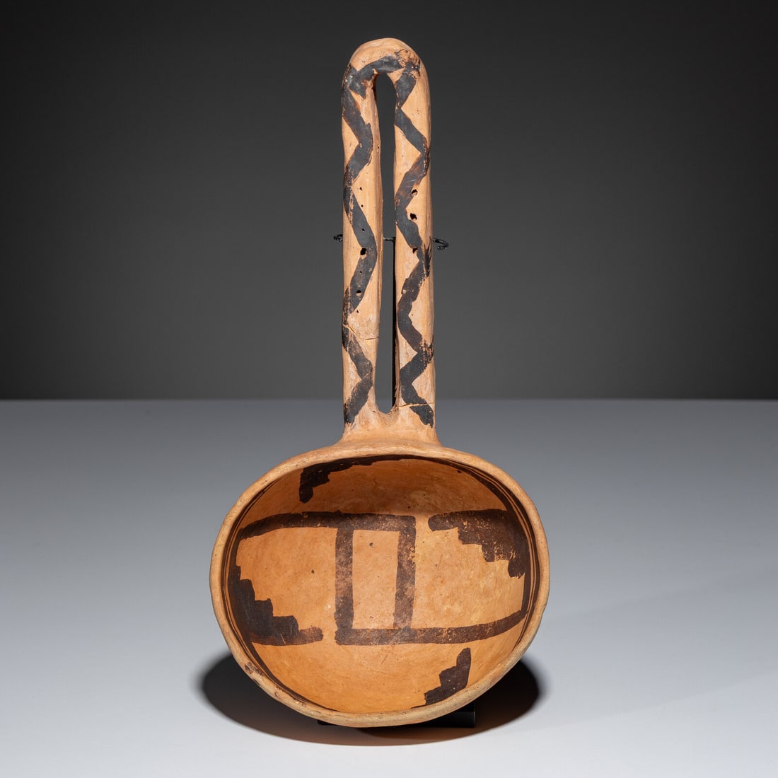 Ancestral Pueblo, Bidahochi Black-on-Orange Ladle: Ancestral Pueblo, Bidahochi Black-on-Orange Ladle A.D. 1325-1400 length 10 inches x width 5-1/8 inches x depth 3 inches From an Old Hollywood Family This lot is located in Chicago. Ex Tony Berlant Col