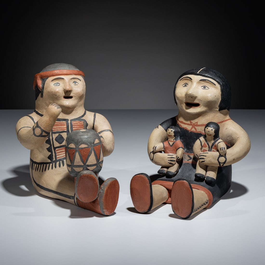 Seferina Ortiz (Cochiti, 1931-2007) Pottery Storytellers: Seferina Ortiz (Cochiti, 1931-2007) Pottery Storytellers lot of 2, each signed on base height 7 inches x length 7-1/4 inches AND height 7-1/2 inches x length 8-1/2 inches This lot is located in