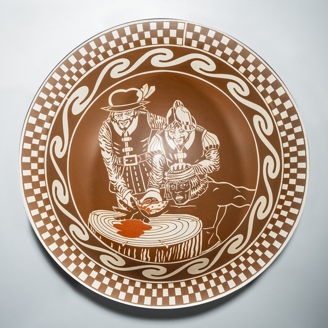 Diego Romero (Cochiti, b. 1964) Pottery Bowl, with Pueblo Revolt Scene, 2014: Diego Romero (Cochiti, b. 1964) Pottery Bowl, with Pueblo Revolt Scene, 2014 signed CHONGO MADE AND PAINTED ME 2014 on exterior of rim height 6 inches x diameter 14 inches This lot is located in