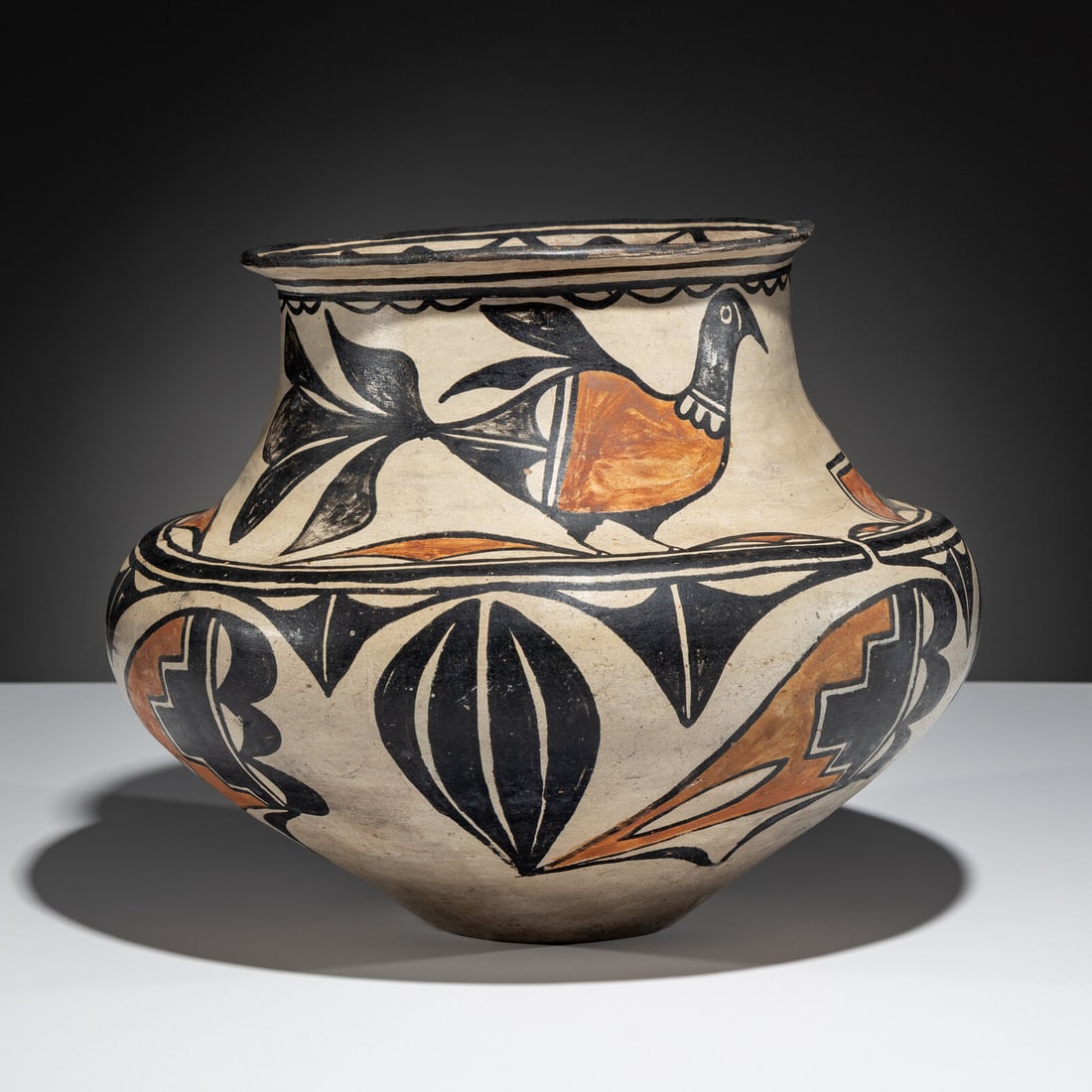 Martina Vigil and Florentino Montoya (San Ildefonso, 1856-1916 / 1858-1918) Polychrome Pottery Olla: Martina Vigil and Florentino Montoya (San Ildefonso, 1856-1916 / 1858-1918) Polychrome Pottery Olla concave base; neck designed with two large birds and body with foliates and winged elements 