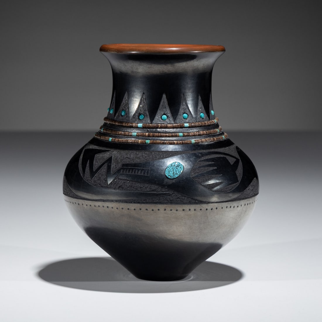Russell Sanchez (San Ildefonso, b. 1963) Black and Sienna Sgraffito Pottery Vase, with Heishi and (1 of 4)