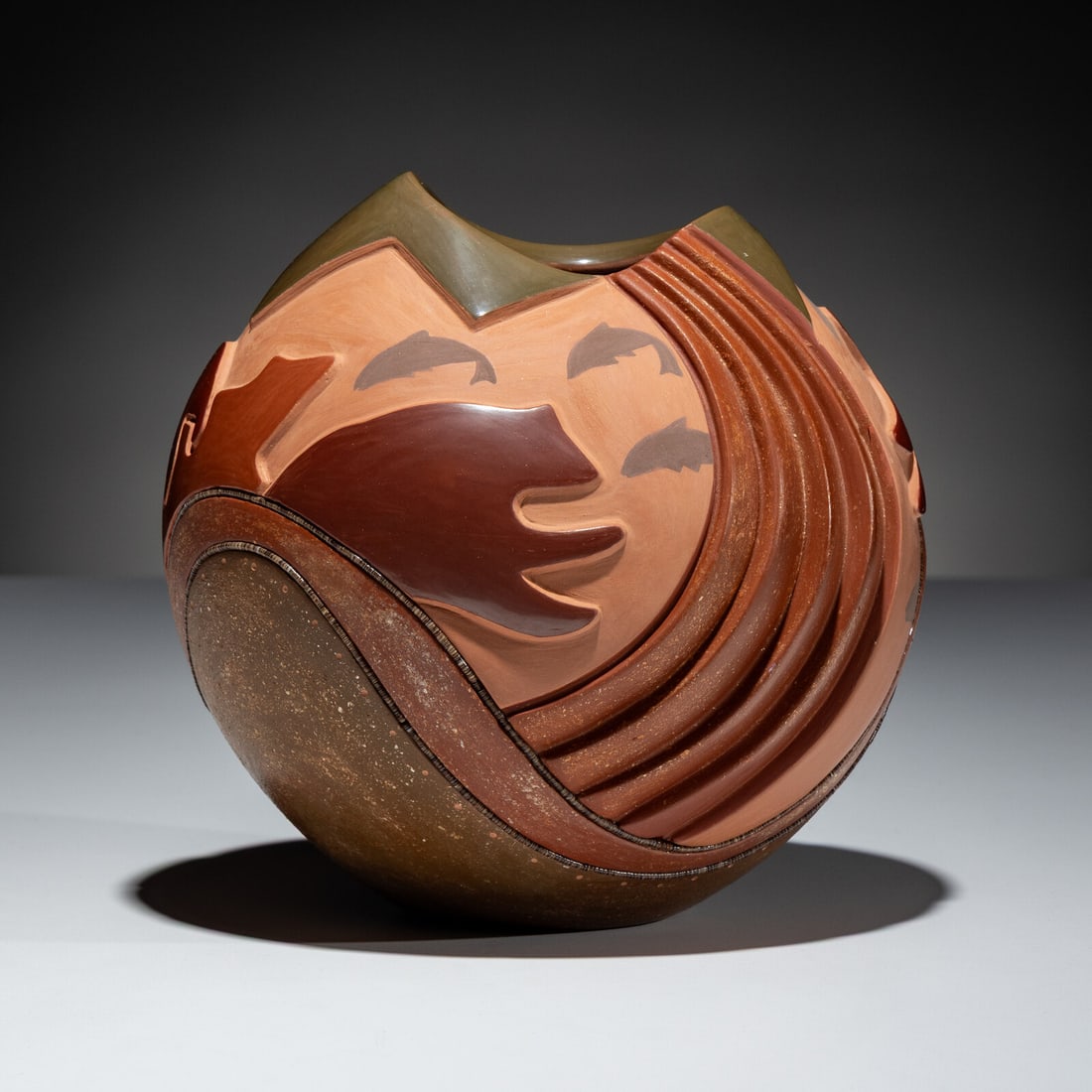 Russell Sanchez (San Ildefonso, b. 1963) Polychrome Pottery Jar, with Micaceous Ribs and Heishi (1 of 6)