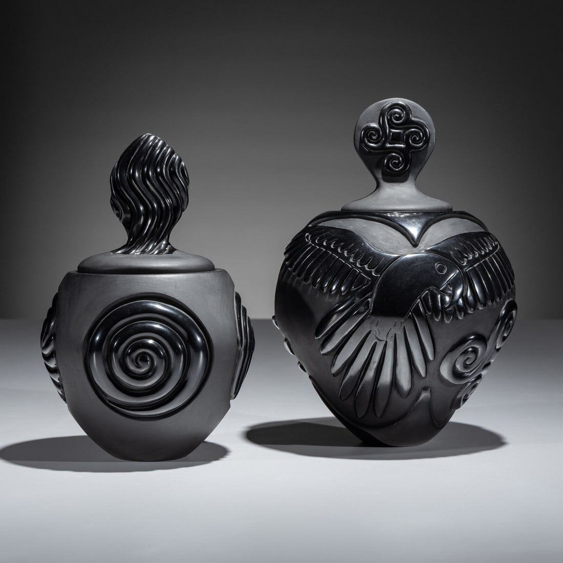 Chris Youngblood (Santa Clara, b. 1989) Carved Blackware Pottery Vases, Macaws and Swirls (1 of 5)