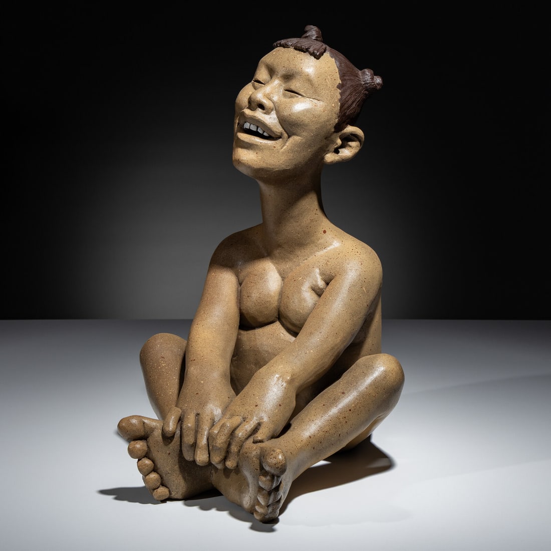 Roxanne Swentzell (Santa Clara, b. 1962) Things Are Looking Up, 2023: Roxanne Swentzell (Santa Clara, b. 1962) Things Are Looking Up, 2023 clay signed ROX near base height 15-1/4 inches x length 12 inches x width 10-1/2 inches "She's literally pulling herself upward wit