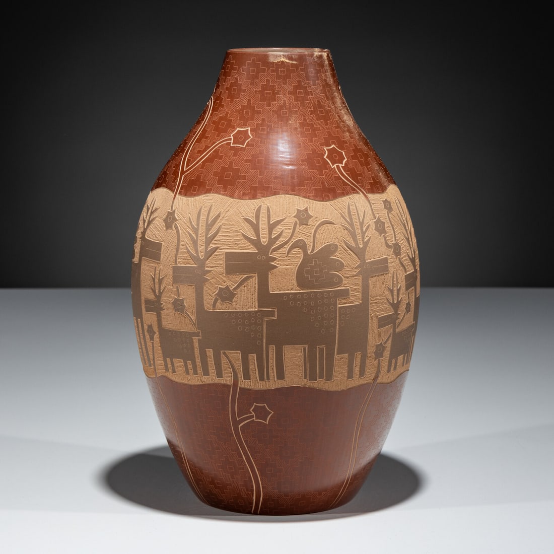 Jody Naranjo (Santa Clara, b. 1969) Redware Pottery Jar, with Sgraffito Deer and Parrots, 1999 (1 of 6)