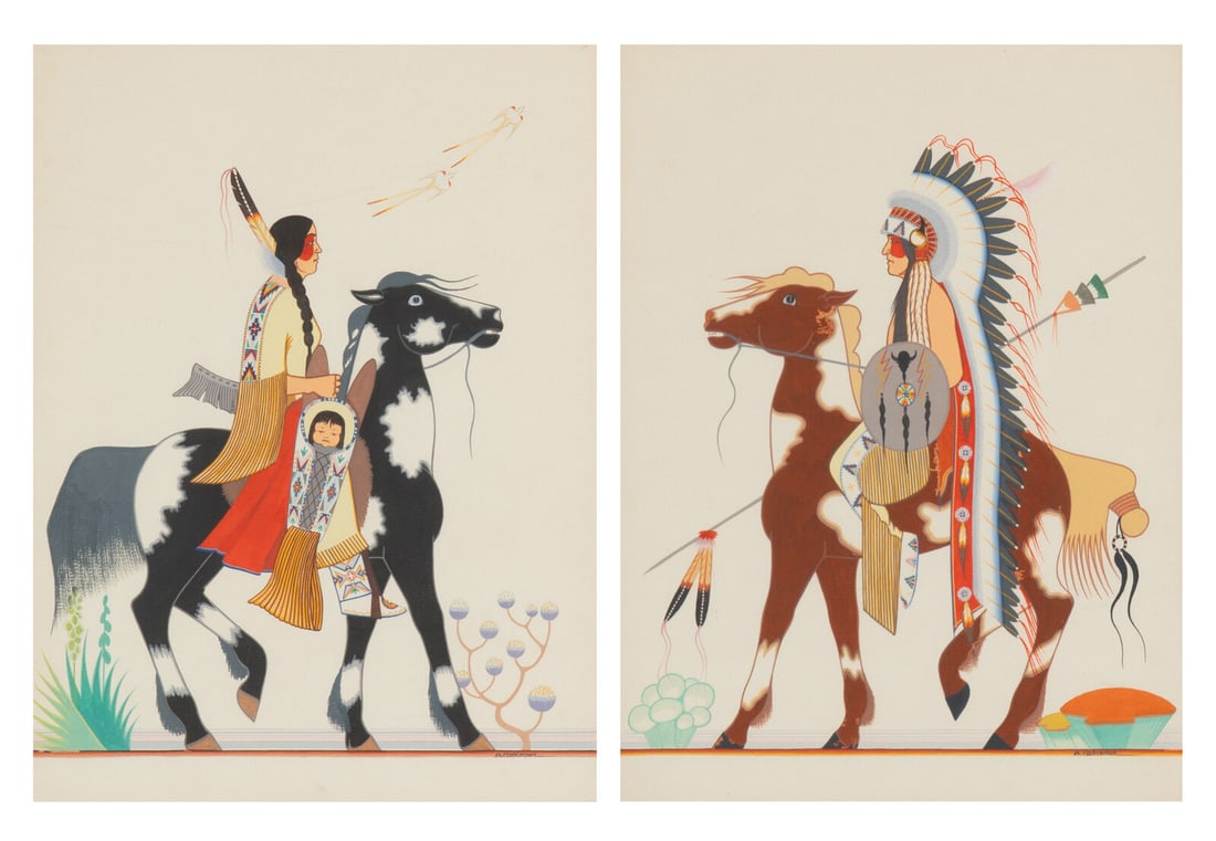 Archie Blackowl (Cheyenne, 1911-1992) untitled pair, mother and child AND warrior on horseback (1 of 6)