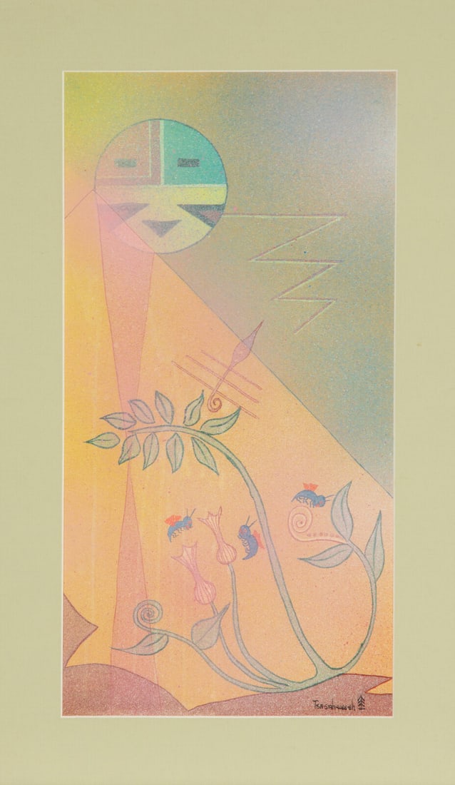 Helen Hardin, Tsa-Sah-Wee-Eh (Santa Clara, 1943-1984) untitled, bees and flowers: Helen Hardin, Tsa-Sah-Wee-Eh (Santa Clara, 1943-1984) untitled, bees and flowers acrylic on board signed lower right (sight) 18-1/2 x 9-1/2 inches; (framed) 24-1/2 x 15-1/2 inches From the Collection
