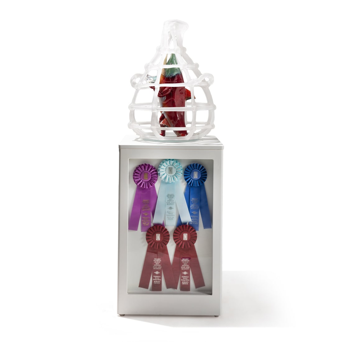 Marvin Oliver (Quinault-Isleta, 1946-2019) River's Spirit & Offering: Marvin Oliver (Quinault-Isleta, 1946-2019) River's Spirit & Offering blown glass sculpture depicting a rainbow trout offering up a smaller fish while caught in a net; appears to be unsigned 