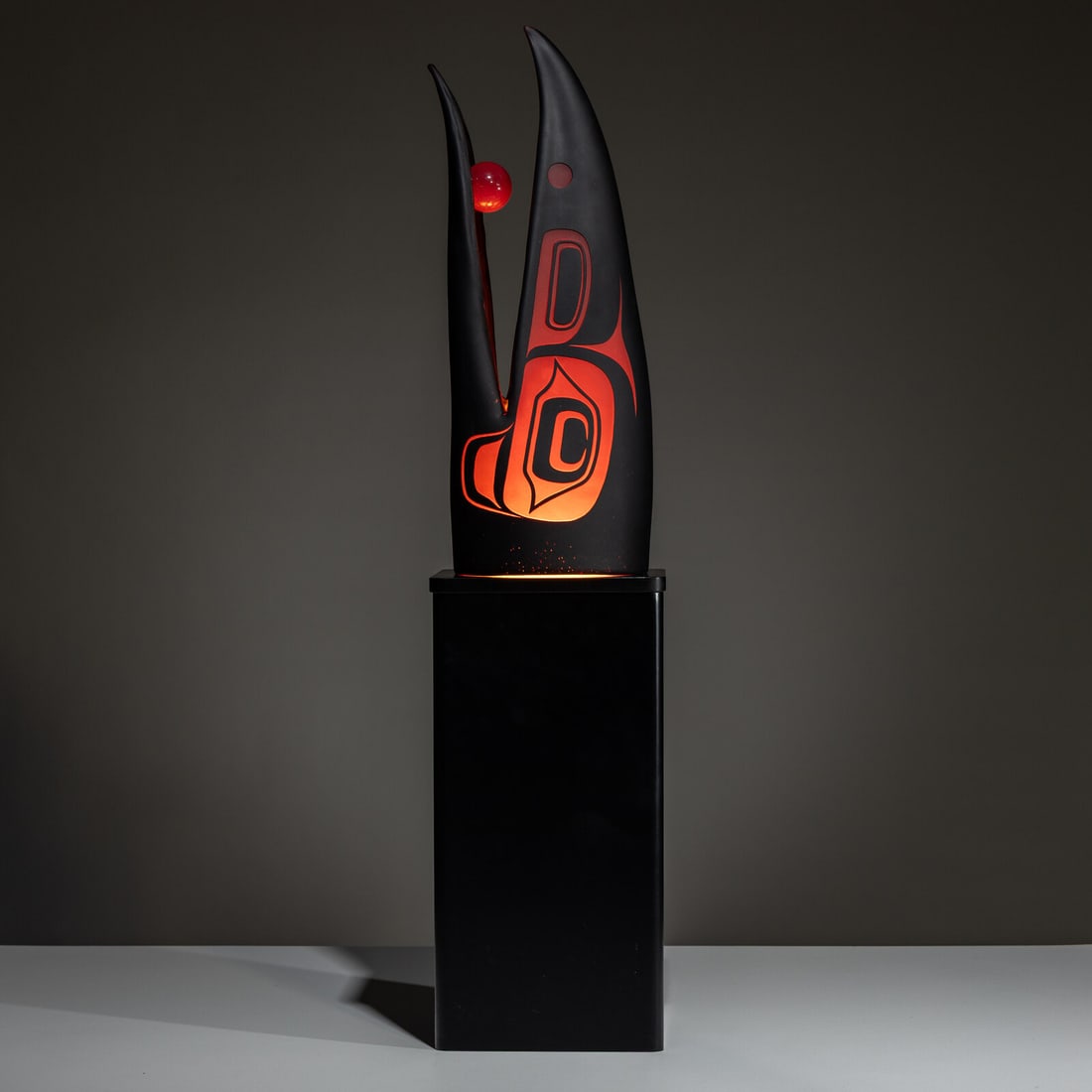 Preston Singletary (Tlingit, b. 1963) Raven Steals the Sun, 2006: Preston Singletary (Tlingit, b. 1963) Raven Steals the Sun, 2006 hand-blown and sand-carved glass signed and dated on base sculpture height 19-1/2 inches x diameter 6 inches; height with light box