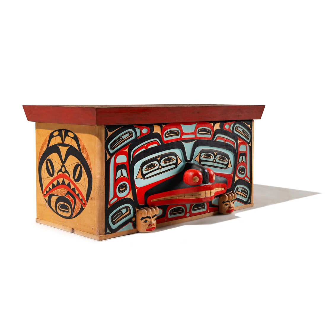 Glen Rabena (Adopted Haida, 20th century) Colorfully Painted and Carved Bentwood Box, 1995: Glen Rabena (Adopted Haida, 20th century) Colorfully Painted and Carved Bentwood Box, 1995 signed and dated on right side panel height 20-1/4 inches x length 41-1/2 inches x width 21 inches