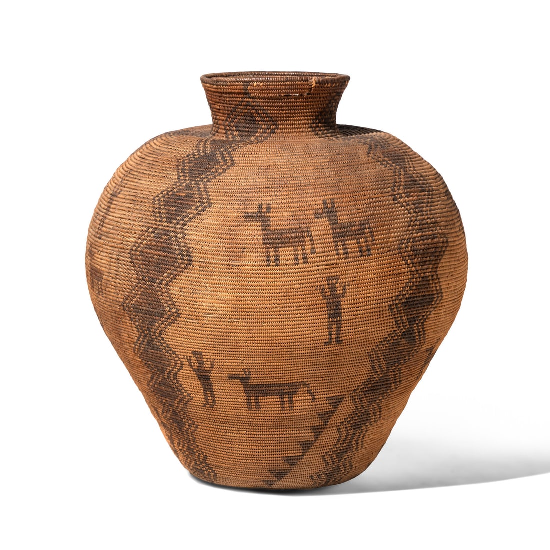 Monumental Apache Basketry Figural Olla: Monumental Apache Basketry Figural Olla early 20th century large, high-shouldered vessel decorated with ten dogs and nine figures, further accented by a rattlesnake design height 25-1/2 inches x