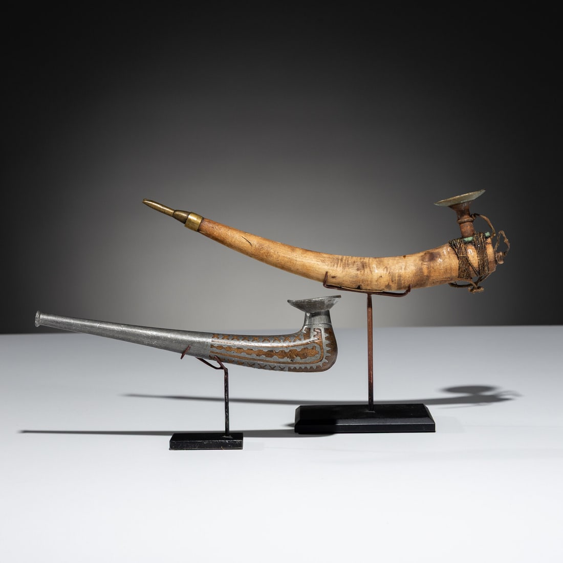 Siberian Wood and Pewter Pipes: Siberian Wood and Pewter Pipes late 19th century lot of 2, includes: a wood pipe with pewter inlay, length 8-3/4 inches a wood pipe with brass bowl and mouthpiece, length 11 inches This lot is