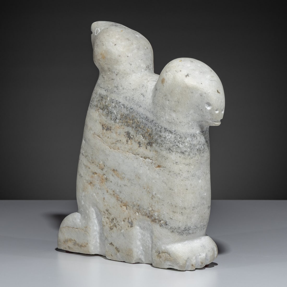 Latcholassie Akesuk (Inuit [Kinngait], 1919-2000) Birdsca 1990: Latcholassie Akesuk (Inuit [Kinngait], 1919-2000) Birdsca 1990 marble with Igloo label height 13 inches x width 11 inches x depth 3 inches Exhibited: 2023 Objects of Substance: Warehouse Art