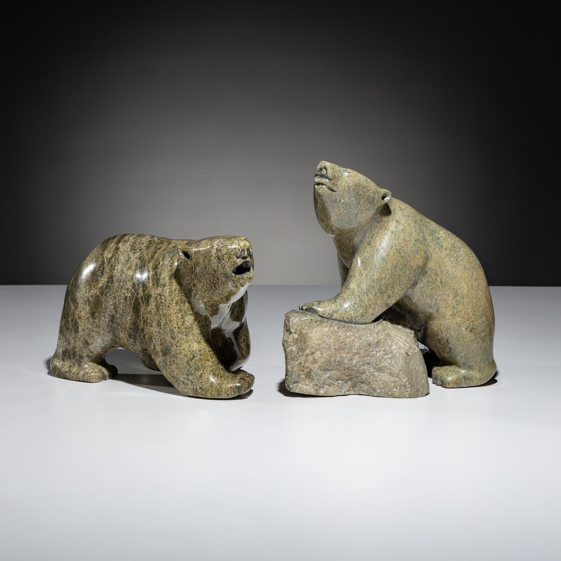 Ohito Ashoona (Inuit [Kinngait], b. 1952) Bears: Ohito Ashoona (Inuit [Kinngait], b. 1952) Bears soapstone lot of 2, both signed in Roman height 6-1/2 inches x length 9-1/2 inches x width 4-1/2 inches AND height 9 inches x length 10 inches x