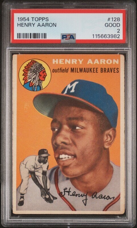 A 1954 Topps Hank Aaron Rookie Baseball Card No. 128 (PSA 2 GOOD) from The Collection of David Eisen: Freeman’s is proud to offer selected highlights from the personal baseball card collection of David Eisenhower—historian, author, and Director of the Institute for Public Service at t