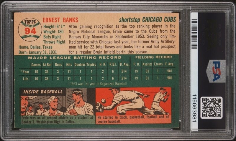 A 1954 Topps Ernie Banks Rookie Baseball Card No. 94 (PSA 6 EX-MT MC) from The Collection of David E - 2