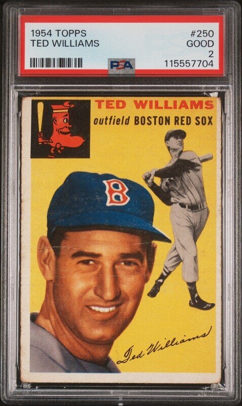 A 1954 Topps Ted Williams Baseball Card No. 250 (PSA 2 GOOD) from The Collection of David Eisenhower: Freeman’s is proud to offer selected highlights from the personal baseball card collection of David Eisenhower—historian, author, and Director of the Institute for Public Service at t