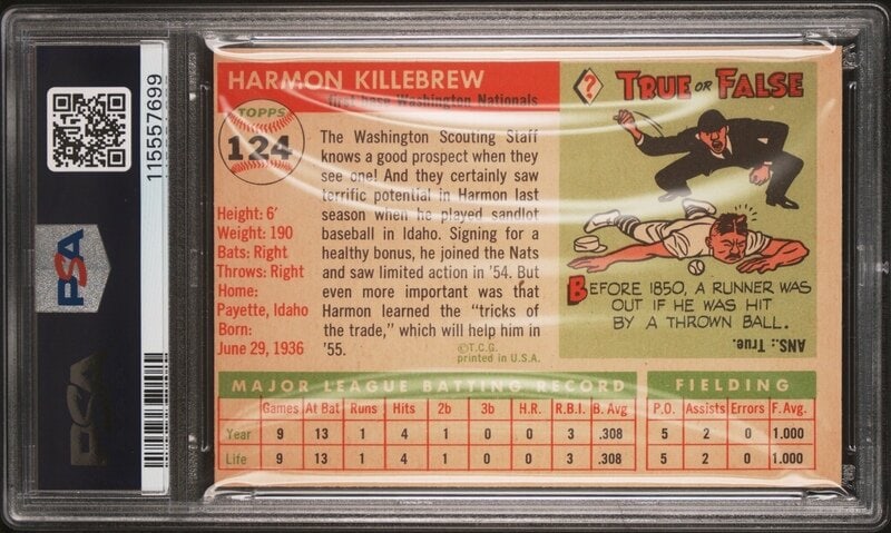 A 1955 Topps Harmon Killebrew Rookie Baseball Card No. 124 (PSA 6 EX-MT) from The Collection of Davi - 2