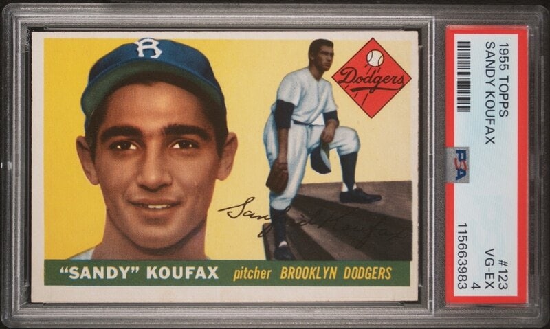 A 1955 Topps Sandy Koufax Rookie Baseball Card No. 123 (PSA 4 VG-EX) from The Collection of David Ei: Freeman’s is proud to offer selected highlights from the personal baseball card collection of David Eisenhower—historian, author, and Director of the Institute for Public Service at t