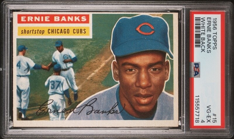 A 1956 Topps Ernie Banks Baseball Card No. 15 (PSA 4 VG-EX) from The Collection of David Eisenhower: Freeman’s is proud to offer selected highlights from the personal baseball card collection of David Eisenhower—historian, author, and Director of the Institute for Public Service at t