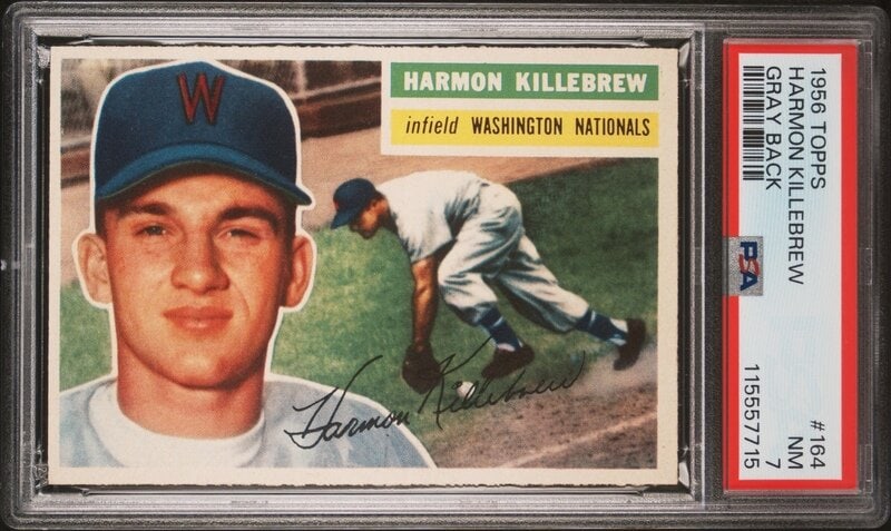 A 1956 Topps Harmon Killebrew Baseball Card No. 164 (PSA 7 NM) from The Collection of David Eisenhow: Freeman’s is proud to offer selected highlights from the personal baseball card collection of David Eisenhower—historian, author, and Director of the Institute for Public Service at t
