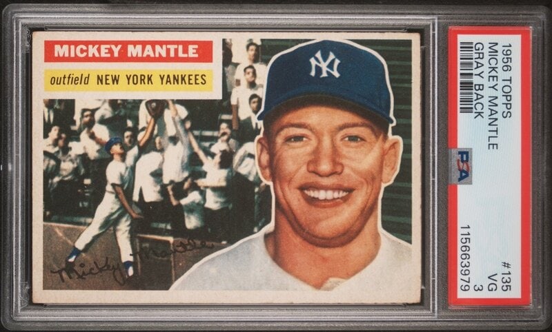 A 1956 Topps Mickey Mantle Baseball Card - Gray Back No. 135 (PSA 3 VG) from The Collection of David: Freeman’s is proud to offer selected highlights from the personal baseball card collection of David Eisenhower—historian, author, and Director of the Institute for Public Service at t