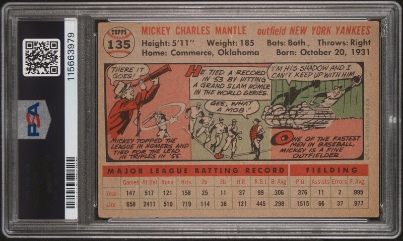 A 1956 Topps Mickey Mantle Baseball Card - Gray Back No. 135 (PSA 3 VG) from The Collection of David - 2
