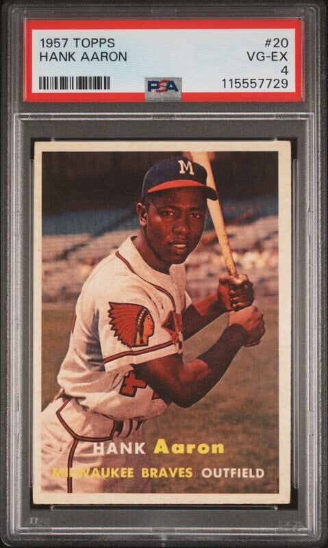 A 1957 Topps Hank Aaron Baseball Card No. 20 (PSA 4 VG-EX) from The Collection of David Eisenhower: Freeman’s is proud to offer selected highlights from the personal baseball card collection of David Eisenhower—historian, author, and Director of the Institute for Public Service at t