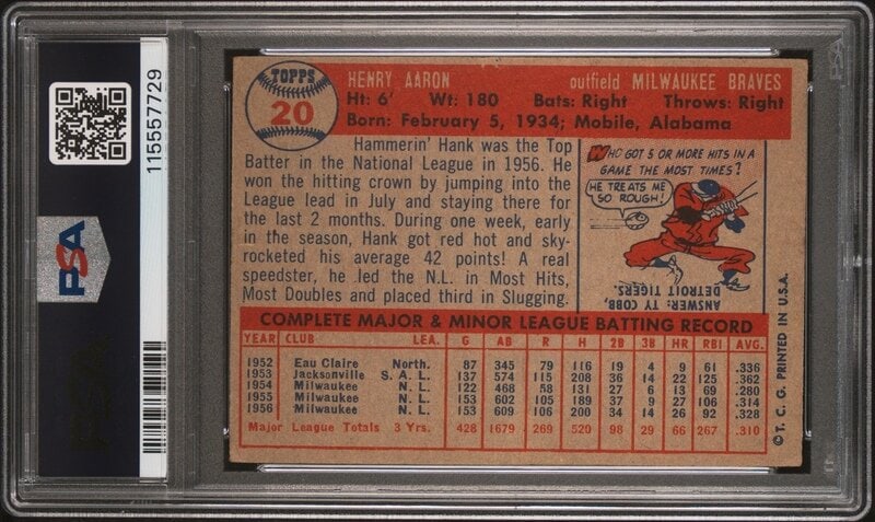 A 1957 Topps Hank Aaron Baseball Card No. 20 (PSA 4 VG-EX) from The Collection of David Eisenhower - 2