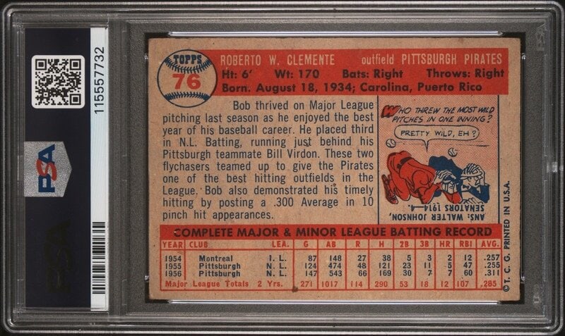 A 1957 Topps Roberto Clemente Baseball Card No. 76 (PSA 3 VG) from The Collection of David Eisenhowe - 2