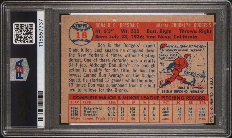 A 1957 Topps Don Drysdale Rookie Baseball Card No. 18 (PSA 4 VG-EX) from The Collection of David Eis - 2