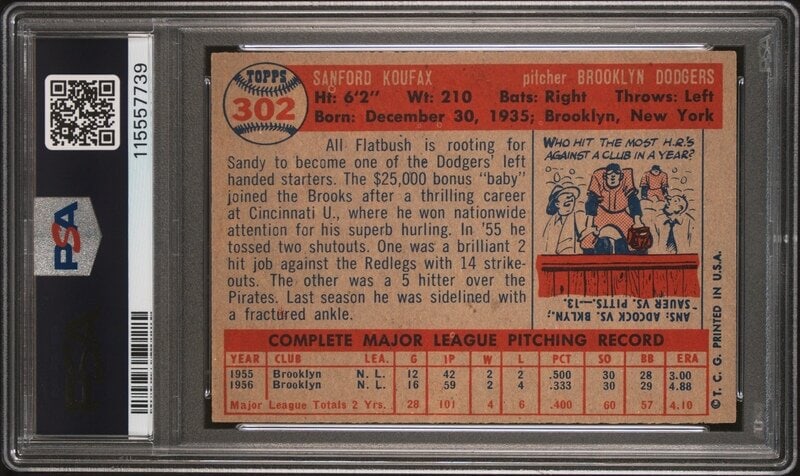 A 1957 Topps Sandy Koufax Baseball Card No. 302 (PSA 6 EX-MT) from The Collection of David Eisenhowe - 2