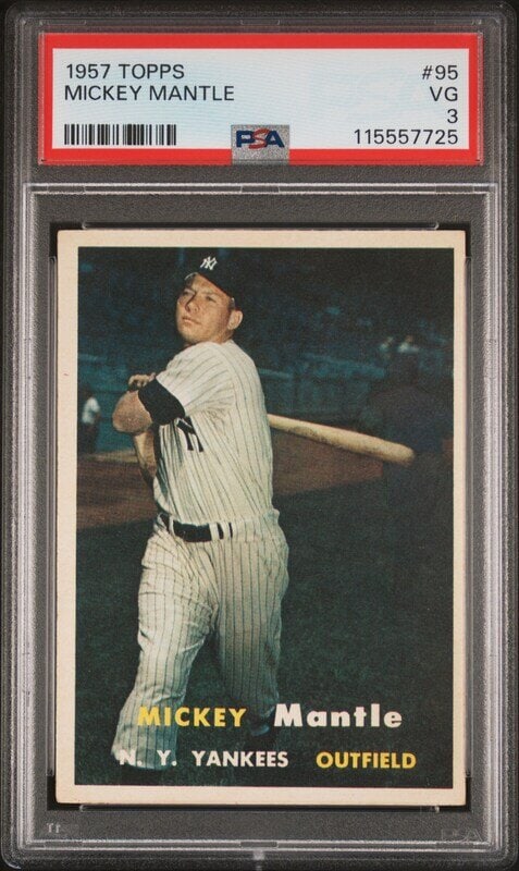 A 1957 Topps Mickey Mantle Baseball Card No. 95 (PSA 3 VG) from The Collection of David Eisenhower: Freeman’s is proud to offer selected highlights from the personal baseball card collection of David Eisenhower—historian, author, and Director of the Institute for Public Service at t