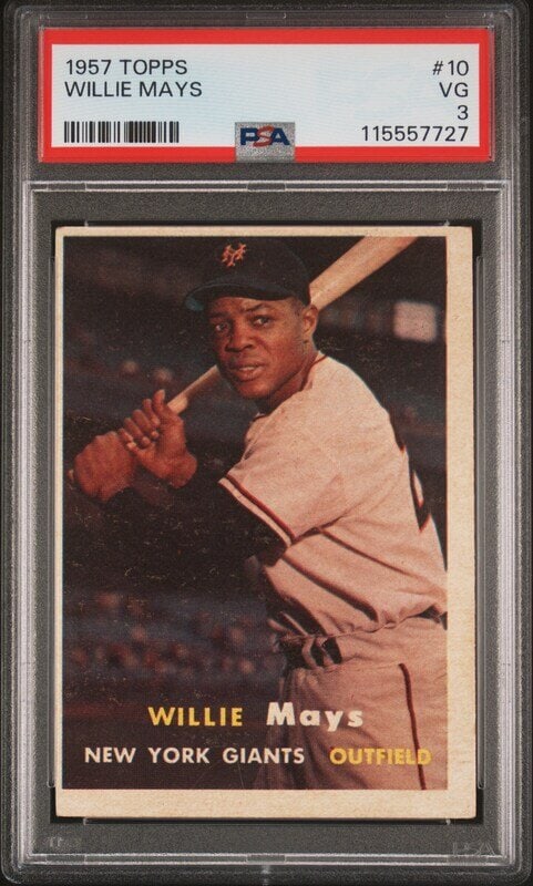 A 1957 Topps Willie Mays Baseball Card No. 10 (PSA 3 VG) from The Collection of David Eisenhower: Freeman’s is proud to offer selected highlights from the personal baseball card collection of David Eisenhower—historian, author, and Director of the Institute for Public Service at t