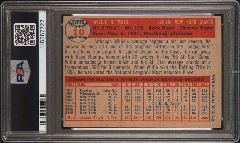A 1957 Topps Willie Mays Baseball Card No. 10 (PSA 3 VG) from The Collection of David Eisenhower - 2