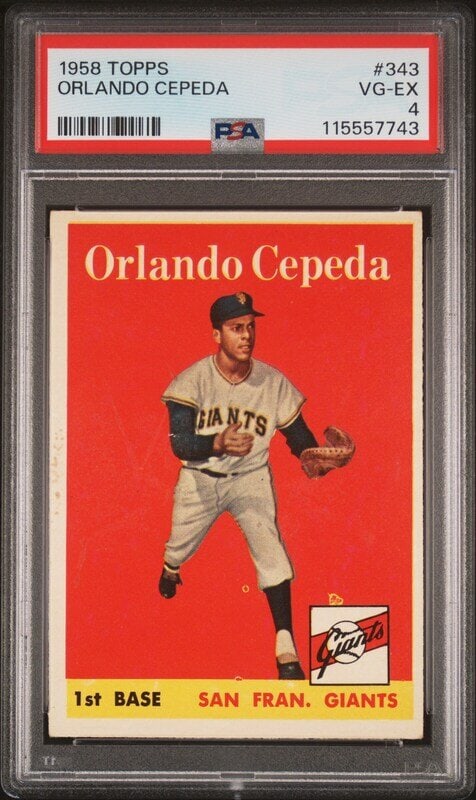 A 1958 Topps Orlando Cepeda Rookie Baseball Card No. 343 (PSA 4 VG-EX) from The Collection of David : Freeman’s is proud to offer selected highlights from the personal baseball card collection of David Eisenhower—historian, author, and Director of the Institute for Public Service at t