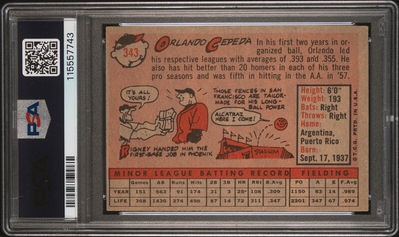 A 1958 Topps Orlando Cepeda Rookie Baseball Card No. 343 (PSA 4 VG-EX) from The Collection of David  - 2