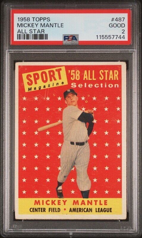 A 1958 Topps Mickey Mantle All Star Baseball Card No. 487 (PSA 2 GOOD) from The Collection of David : Freeman’s is proud to offer selected highlights from the personal baseball card collection of David Eisenhower—historian, author, and Director of the Institute for Public Service at t