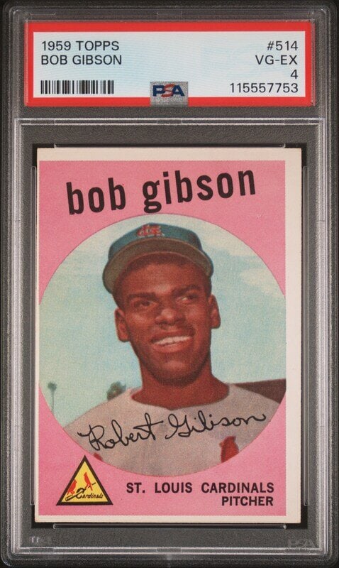 A 1959 Topps Bob Gibson Rookie Baseball Card No. 514 (PSA 4 VG-EX) from The Collection of David Eise: Freeman’s is proud to offer selected highlights from the personal baseball card collection of David Eisenhower—historian, author, and Director of the Institute for Public Service at t
