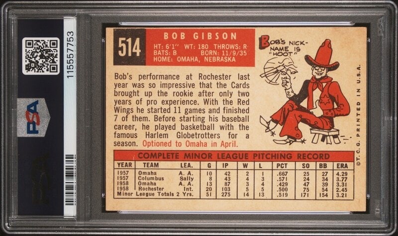 A 1959 Topps Bob Gibson Rookie Baseball Card No. 514 (PSA 4 VG-EX) from The Collection of David Eise - 2
