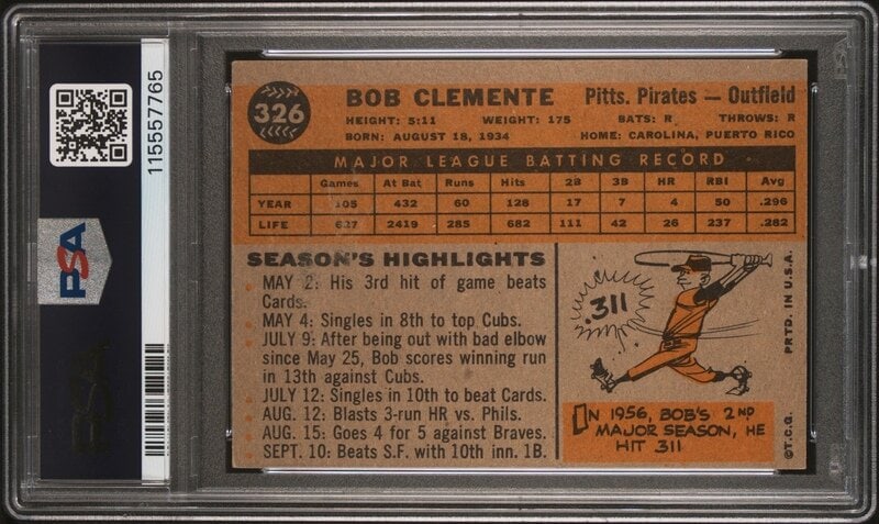 A 1960 Topps Roberto Clemente Baseball CardNo. 326 (PSA 4 VG-EX) from The Collection of David Eisenh - 2